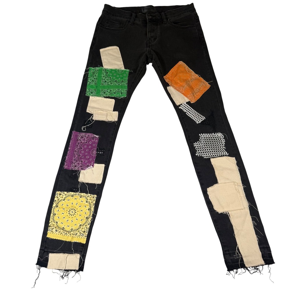 Valabasas Bandana Patchwork Jeans Mens 29 Black Denim Grunge Slim Fit Distressed